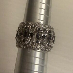Bomb Party Wide Band Ring Size 8.5 Silver Tone Black Stones